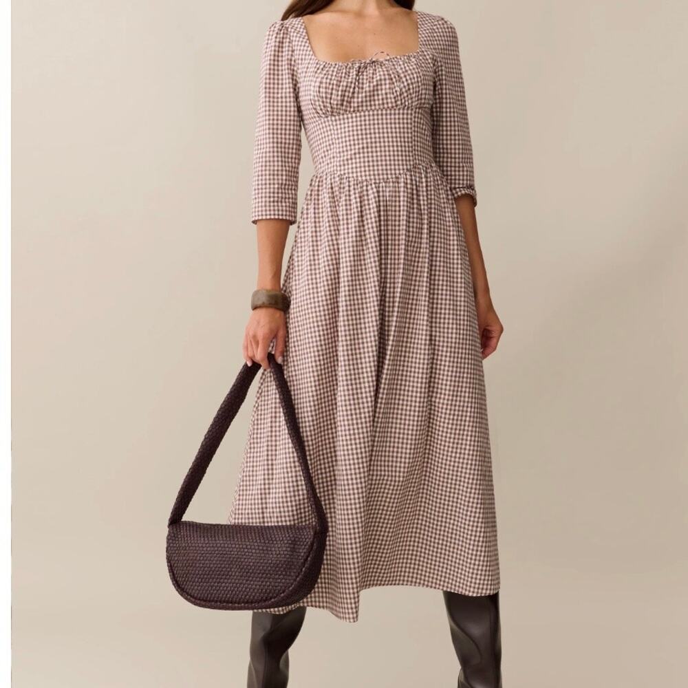 Small Brown Gingham Long Sleeve Square Neck Smock Cotton Midi Dress Cottagecore